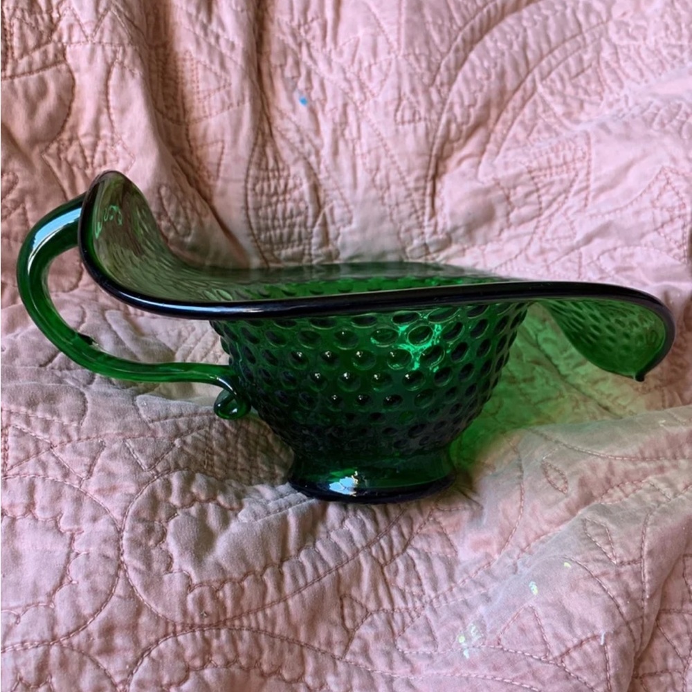 Handmade, green polkadot, textured, glass bowl with handle